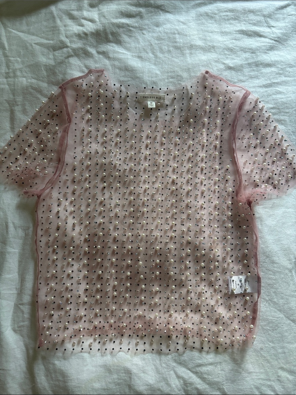 Endless Blu Pearl/Rhinestone Top, Size Medium
